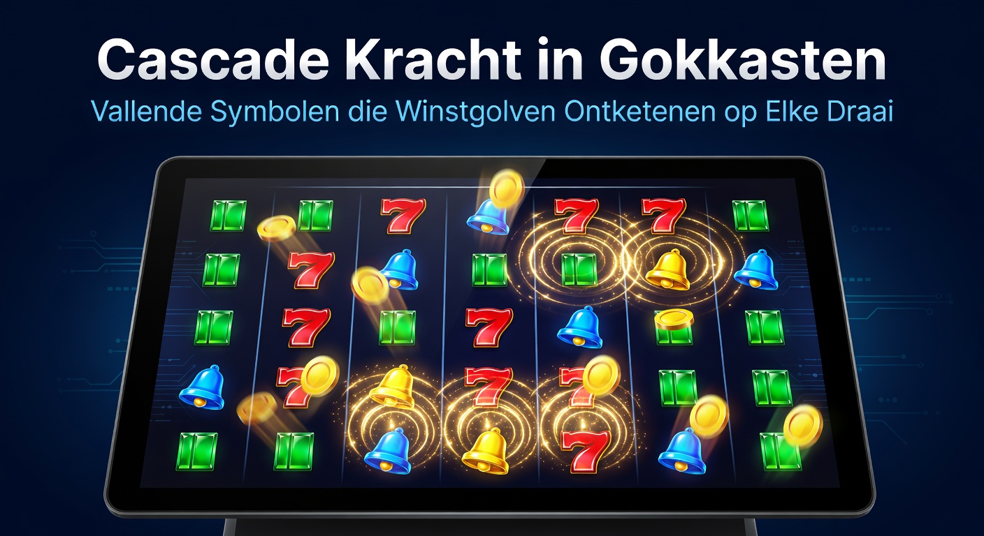 Animatie van vallende symbolen in een cascade gokkast, waar wincombinaties exploderen en nieuwe symbolen vallen voor opeenvolgende winsten