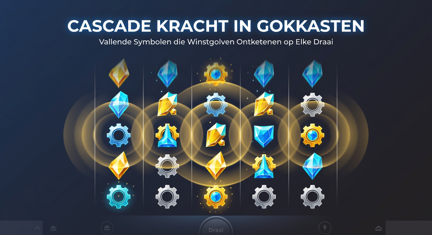 Schermafbeelding van een cascade slot in actie, met exploderende symbolen, vallende nieuwe iconen en een stijgende multiplier teller