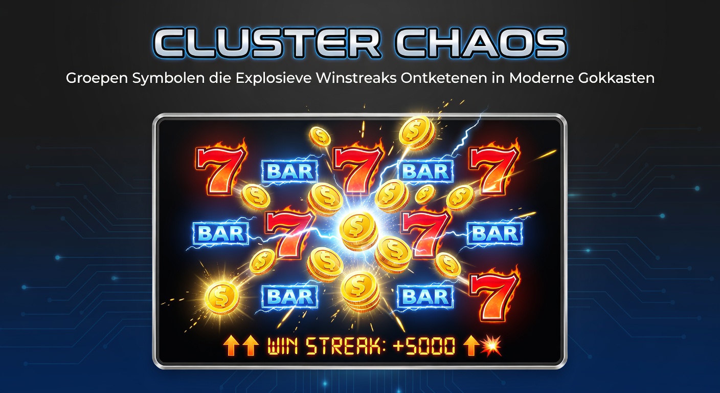 Explosieve cluster-symbolen vullen de rollen in een moderne gokkast, met groepen edelstenen en vruchten die winstreaks ontketenen