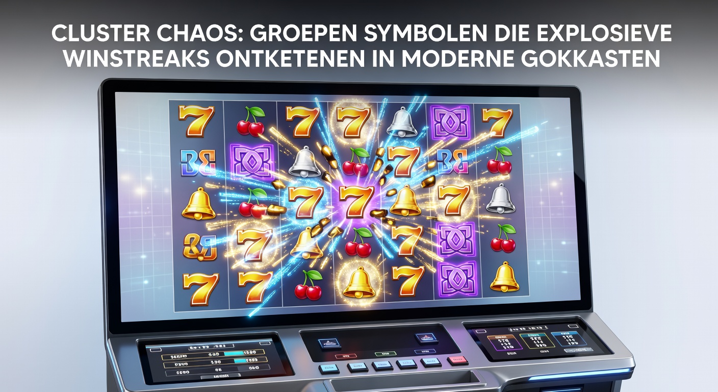 Een screenshot van een cluster pays-slot toont een grote groep gouden symbolen die een jackpot-uitbetaling activeren, met vallende symbolen erachter