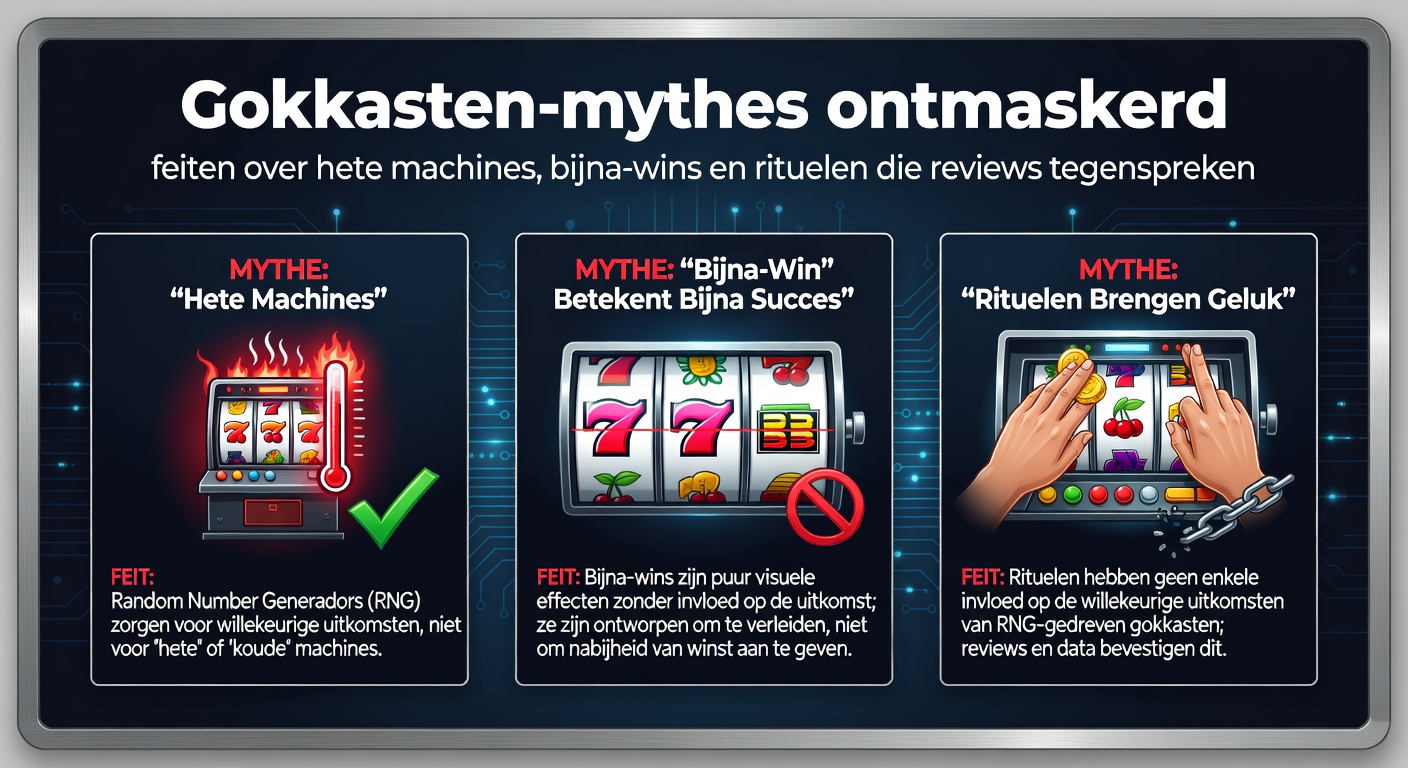 Gokkast met felgekleurde rollen en knipperende lichten die een bijna-winst suggereren, terwijl spelersrituelen op de achtergrond zichtbaar zijn