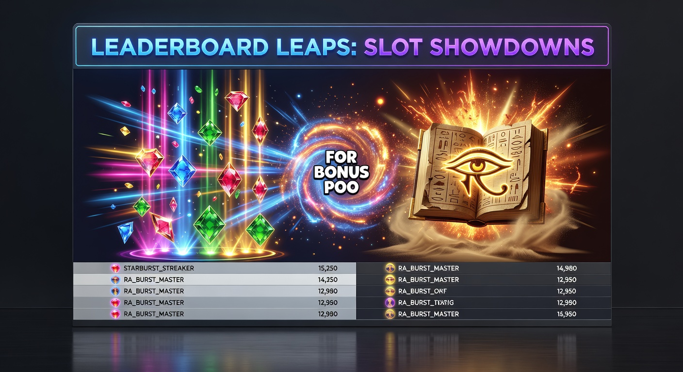Dynamische grafiek van een leaderboard showdown met Starburst streaks en Book of Ra bursts die bonuspoelen en progressieve jackpots verdelen onder top spelers