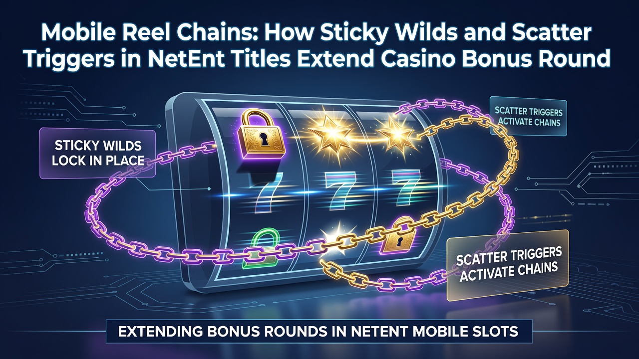Diagram van scatter triggers en sticky wilds die reel ketens vormen in NetEnt mobiele slots