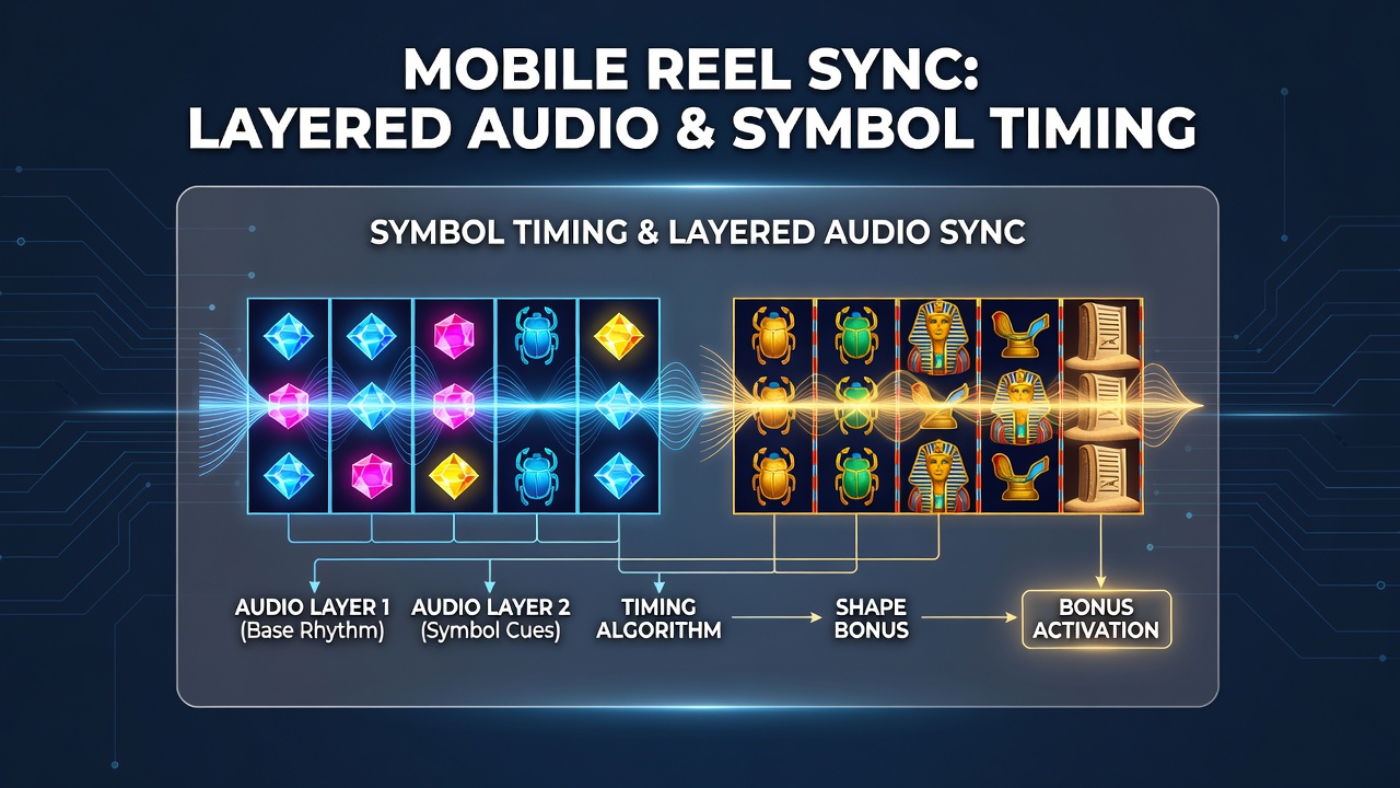 Diagram van symbool timing en audio lagen die bonus ketens opbouwen naar progressieve winsten