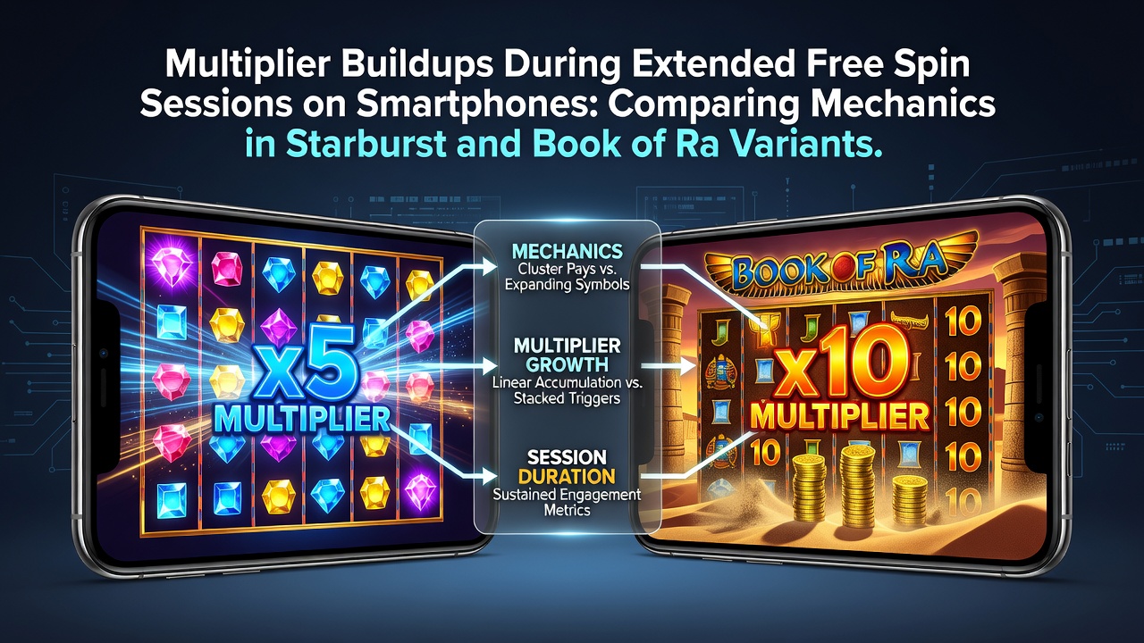 Multiplier opbouw tijdens extended free spins op smartphone scherm met Starburst en Book of Ra symbolen