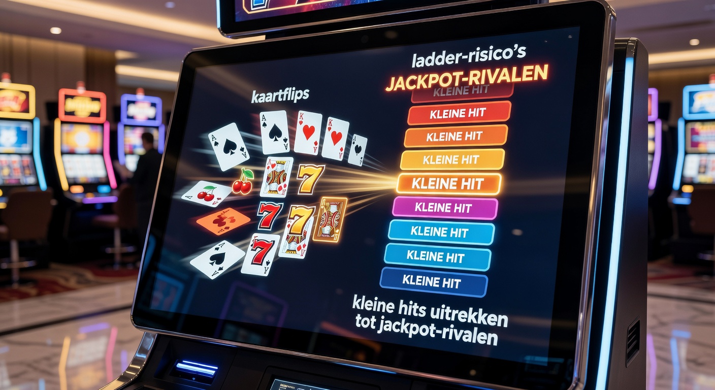Schermafbeelding van een post-spin kaartflip-functie op een mobiele touchscreen gokkast, waar een speler kiest tussen rood of zwart om een kleine winst te verdubbelen