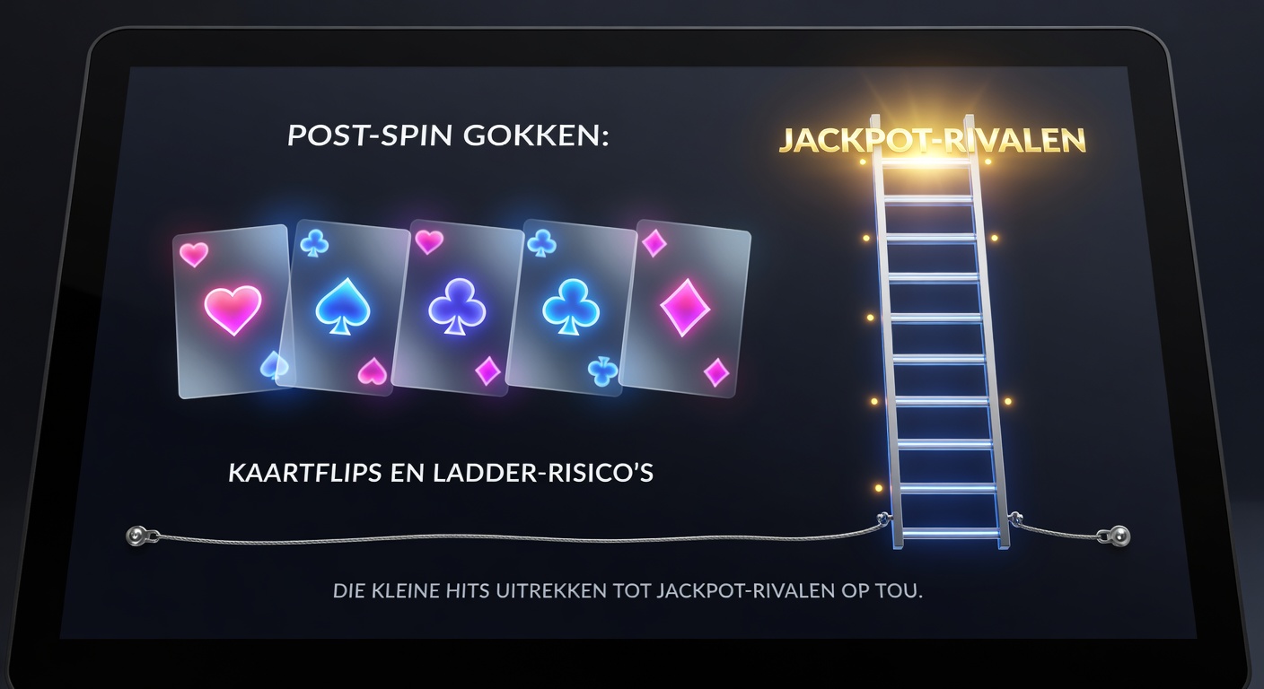 Voorbeeld van een ladder-risico gamble op een touchscreen gokkast, met stappen die oplichten terwijl een prijs potentieel klimt van basiswinst naar jackpot-niveau
