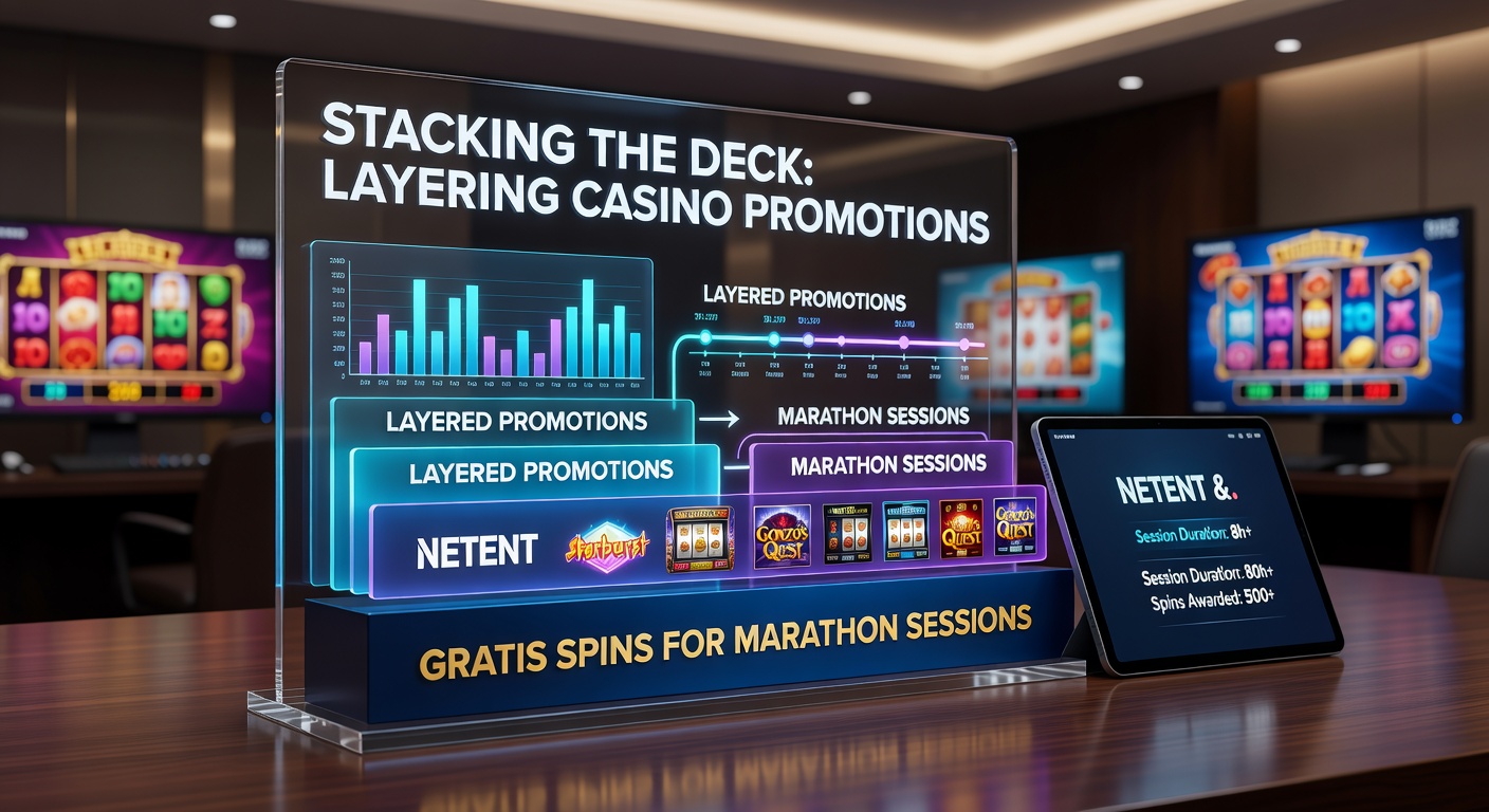 Voorbeeld van een casino promotie-overlay op een Novomatic mobiele slot met gratis spins en deposit bonus lagen zichtbaar op een tablet