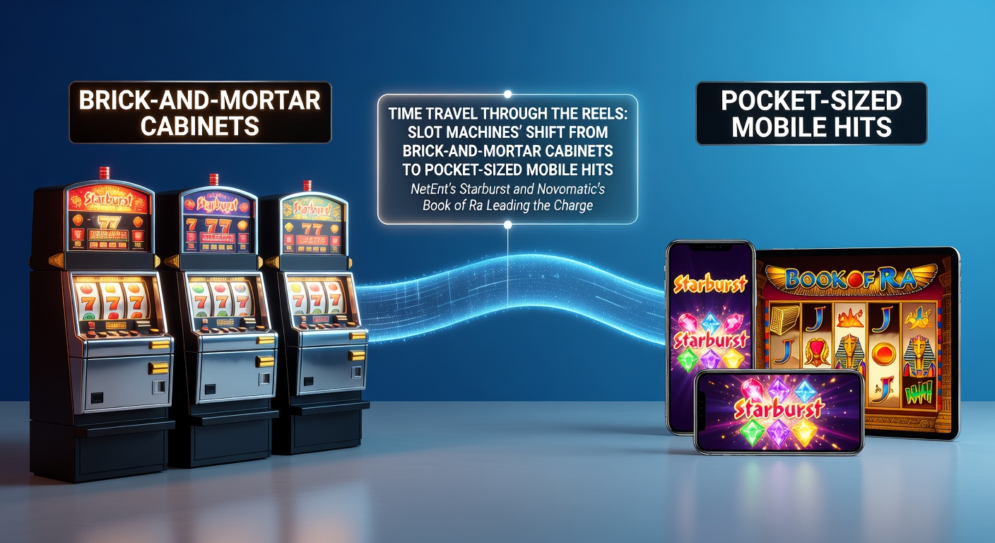 Oude fysieke gokkast in een casino naast een moderne smartphone met Starburst en Book of Ra apps open