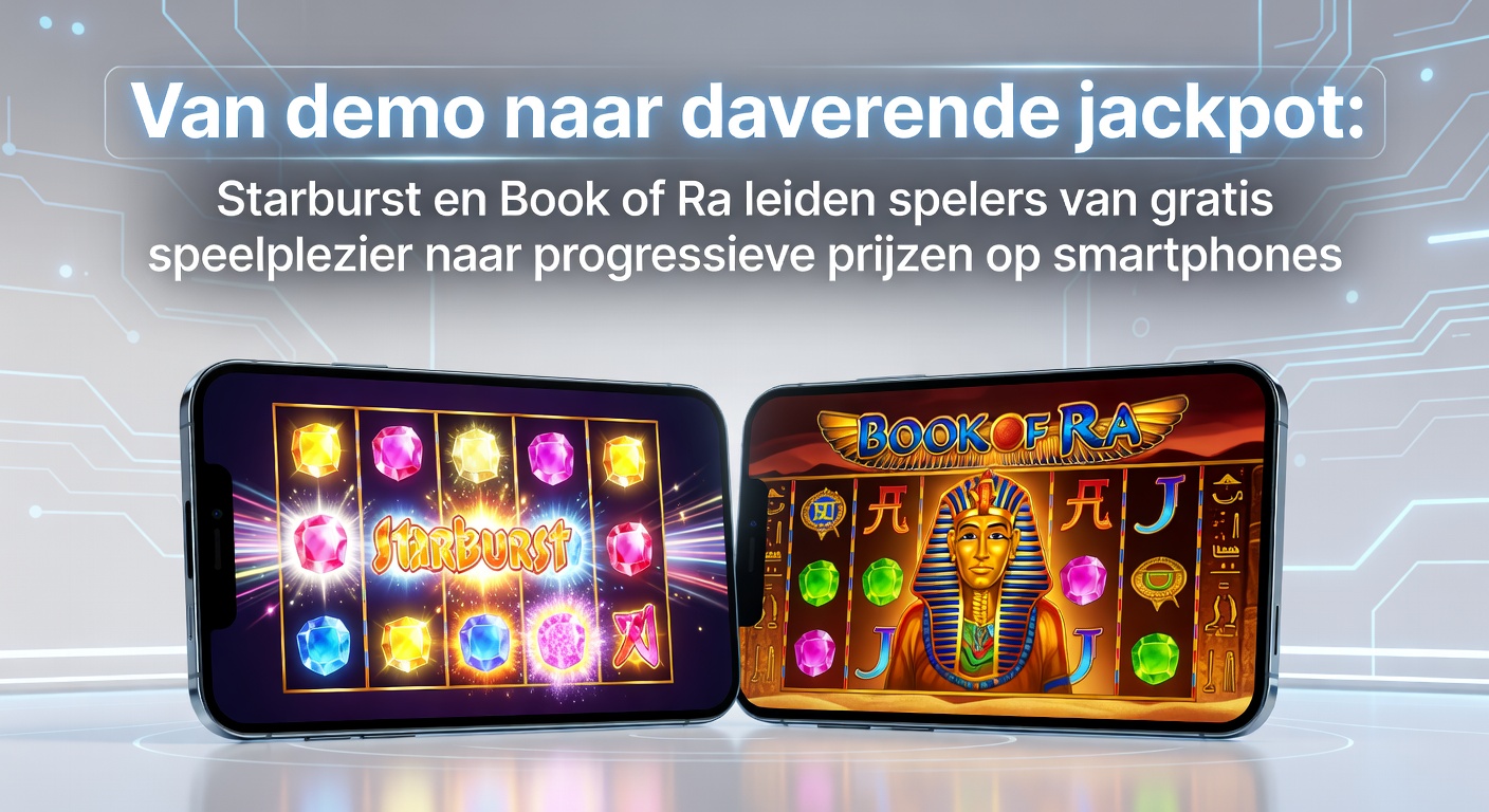 Smartphone met Starburst en Book of Ra slots in actie, demo-modus overgaand naar jackpot-hits