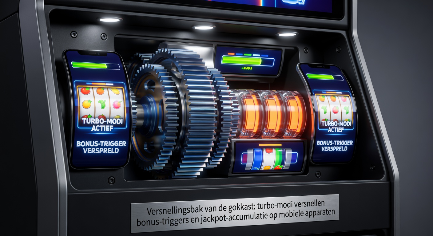 Dynamische weergave van een gokkastscherm in turbo-modus met razendsnelle draaiende rollen en oplichtende bonus-symbolen op een smartphone