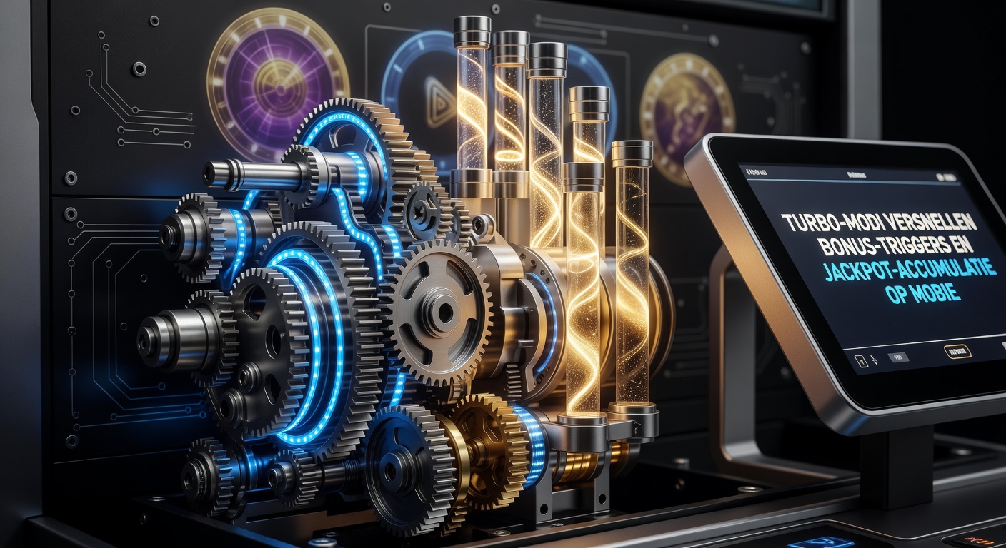 Mobiel gokkastinterface met turbo-knop geactiveerd, jackpot-meter die razendsnel oploopt en bonus-pop-ups die triggers versnellen